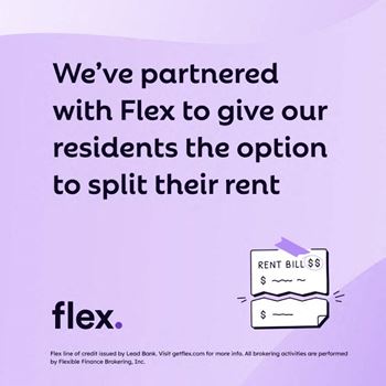 An image showing a partnership with Flex to offer rent splitting option to residents, with a rent bill icon illustrating the concept.
